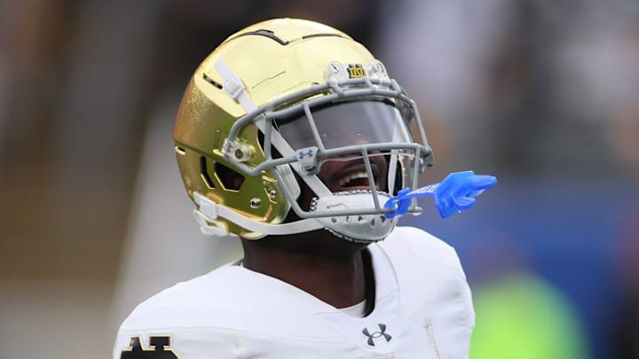 Notre Dame Fighting Irish running back Jeremiyah Love (4) reacts after scoring a touchdown during the first half against the Pittsburgh Panthers at Acrisure Stadium in Pittsburgh, PA on November 15, 2025. Notre Dame Fighting Irish running back Jeremiyah Love (4) reacts after scoring a touchdown during the first half against the Pittsburgh Panthers at Acrisure Stadium in Pittsburgh, PA on November 15, 2025.