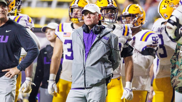 Nov 9, 2024; Baton Rouge, Louisiana, USA;  LSU Tigers head coach Brian Kelly looks on against the Alabama Crimson Tide during the second half at Tiger Stadium. Mandatory Credit: Stephen Lew-Imagn Images