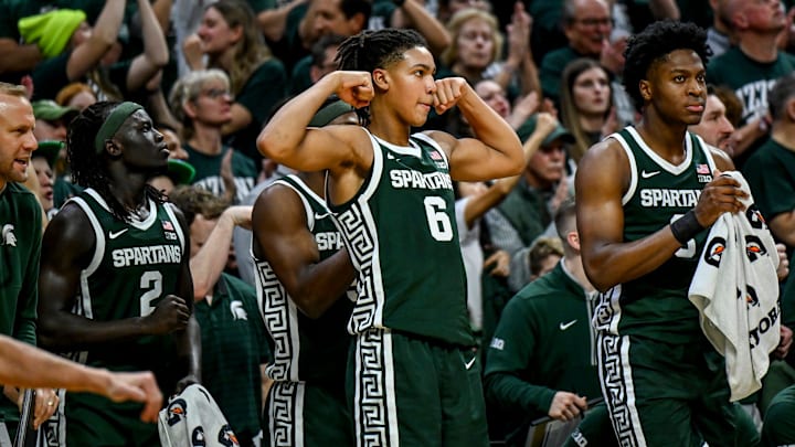 Michigan State's Jordan Scott celebrates after Carson Cooper's score against Northwestern during the second half on Thursday, Jan. 8, 2026, at the Breslin Center in East Lansing.