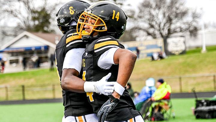 Detroit King's Don Spillers, right, celebrate his touchdown catch with Tay'Shawn Henry during the fourth quarter in the game against Mason on Saturday, Nov. 23, 2024, at Chelsea High School. Detroit King's Don Spillers, right, celebrate his touchdown catch with Tay'Shawn Henry during the fourth quarter in the game against Mason on Saturday, Nov. 23, 2024, at Chelsea High School.