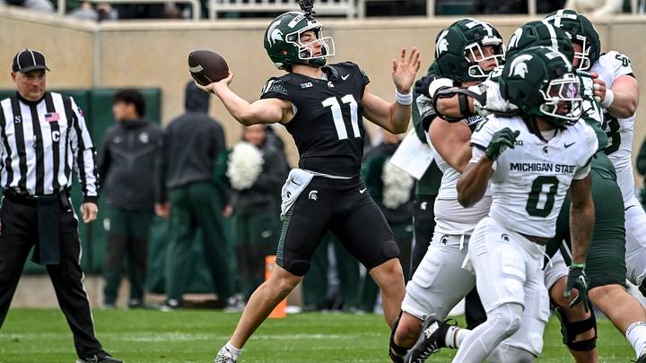Michigan State's Alessio Milivojevic throws a pass during the football Spring Showcase on Saturday, April 18, 2026, at Spartan Stadium in East Lansing. Michigan State's Alessio Milivojevic throws a pass during the football Spring Showcase on Saturday, April 18, 2026, at Spartan Stadium in East Lansing.