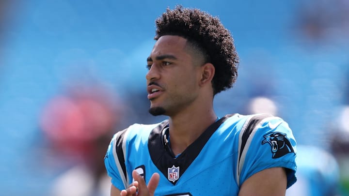 Sep 21, 2025; Charlotte, North Carolina, USA; Carolina Panthers quarterback Bryce Young (9) seen on the field during warm ups between Carolina Panthers and the Atlanta Falcons at Bank of America Stadium. Mandatory Credit: Cory Knowlton-Imagn Images Sep 21, 2025; Charlotte, North Carolina, USA; Carolina Panthers quarterback Bryce Young (9) seen on the field during warm ups between Carolina Panthers and the Atlanta Falcons at Bank of America Stadium. Mandatory Credit: Cory Knowlton-Imagn Images