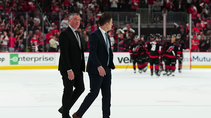 Apr 20, 2024; Raleigh, North Carolina, USA; New York Islanders head coach Patrick Roy and assistant