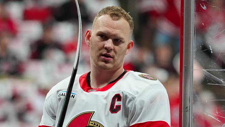 Apr 20, 2026; Raleigh, North Carolina, USA; Ottawa Senators left wing Brady Tkachuk (7) comes off the ice after the warmups before the game against the Carolina Hurricanes in game two of the first round of the 2026 Stanley Cup Playoffs at Lenovo Center. Mandatory Credit: James Guillory-Imagn Images