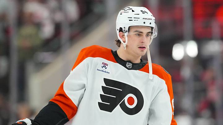 May 4, 2026; Raleigh, North Carolina, USA; Philadelphia Flyers right wing Porter Martone (94) during the warmups before the game \against the Carolina Hurricanes in game two of the second round of the 2026 Stanley Cup Playoffs at Lenovo Center. Mandatory Credit: James Guillory-Imagn Images