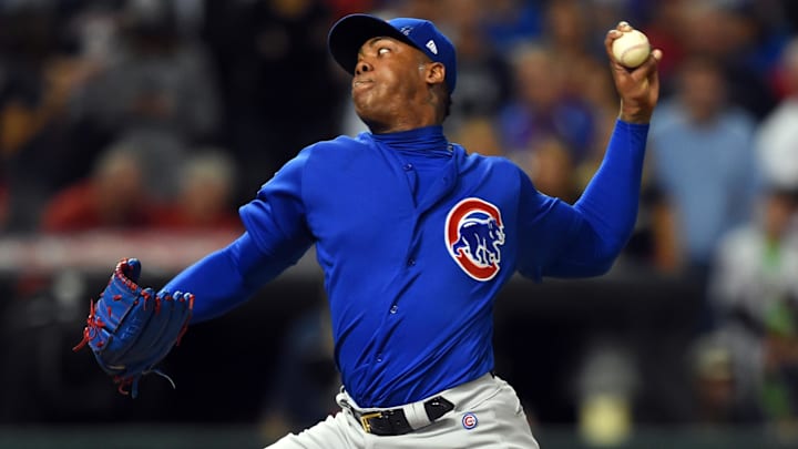 Nov 2, 2016; Cleveland, OH, USA; Chicago Cubs relief pitcher Aroldis Chapman throws a pitch against
