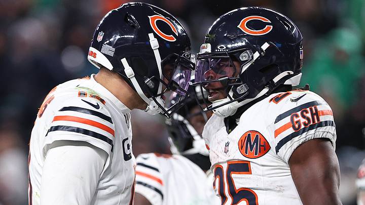 Chicago Bears quarterback Caleb Williams (18) and running back Kyle Monangai (25) react to a touchdown against the Philadelphia Eagles at Lincoln Financial Field. Mandatory Credit: Bill Streicher-Imagn Images Chicago Bears quarterback Caleb Williams (18) and running back Kyle Monangai (25) react to a touchdown against the Philadelphia Eagles at Lincoln Financial Field. Mandatory Credit: Bill Streicher-Imagn Images