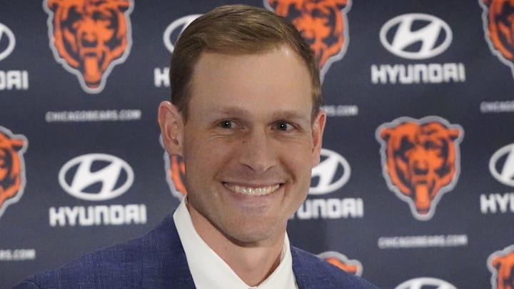 Jan 22, 2025; Lake Forest, IL, USA; Chicago Bears head coach Ben Johnson answers questions during a introductory press conference at PNC Center. Mandatory Credit: David Banks-Imagn Images