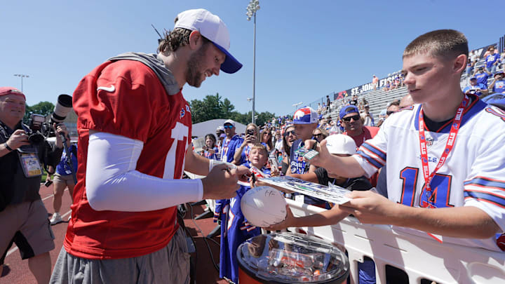 Buffalo Bills quarterback Josh Allen signs autographs after practice on opening day of the Buffalo Bills training camp at St. John Fisher University in Pittsford on July 23, 2025.