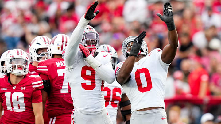 Ohio State Buckeyes safety Malik Hartford (9) and Sonny Styles (0) react during the game against the Wisconsin Badgers at Camp Randall Stadium on Saturday, Oct. 18, 2025 in Madison, Wisconsin.