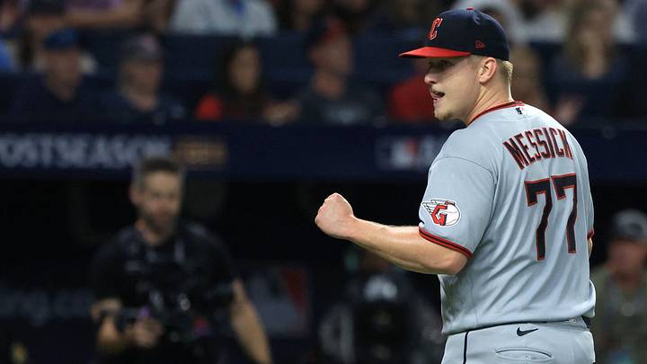 Oct 13, 2026: Cleveland Guardians pitcher Parker Messick (77) reacts after pitching against the Tampa Bay Rays during the first inning in game two of the ALCS for the 2026 MLB Playoffs at Tropicana Field. Credit: Kim Klement Neitzel-Imagn Images