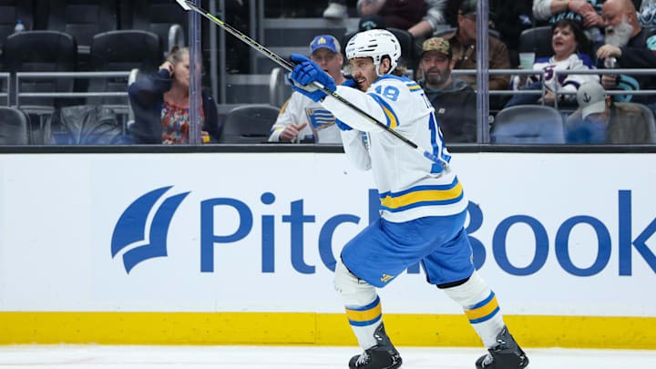 Mar 4, 2026; Seattle, Washington, USA; St. Louis Blues center Robert Thomas (18) reacts after scoring a goal in the third period against the Seattle Kraken at Climate Pledge Arena. Mandatory Credit: Kevin Ng-Imagn Images