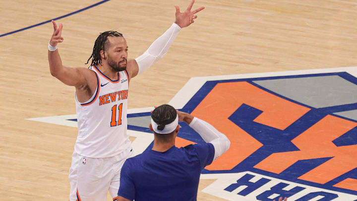 May 29, 2025; New York, New York, USA; New York Knicks guard Jalen Brunson (11) celebrates a three point basket against the Indiana Pacers in game five of the eastern conference finals of the 2025 NBA Playoffs at Madison Square Garden. Mandatory Credit: Vincent Carchietta-Imagn Images