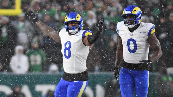 Jan 19, 2025; Philadelphia, Pennsylvania, USA; Los Angeles Rams linebacker Jared Verse (8) and linebacker Byron Young (0) celebrate a sack against the Philadelphia Eagles in a 2025 NFC divisional round game at Lincoln Financial Field. Mandatory Credit: Eric Hartline-Imagn Images Jan 19, 2025; Philadelphia, Pennsylvania, USA; Los Angeles Rams linebacker Jared Verse (8) and linebacker Byron Young (0) celebrate a sack against the Philadelphia Eagles in a 2025 NFC divisional round game at Lincoln Financial Field. Mandatory Credit: Eric Hartline-Imagn Images