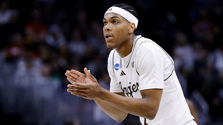 March 20, 2025; Denver, CO, USA; Texas A&M Aggies guard Zhuric Phelps (1) reacts during the first half against the Yale Bulldogs at Ball Arena. Mandatory Credit: Isaiah J. Downing-Imagn Images March 20, 2025; Denver, CO, USA; Texas A&M Aggies guard Zhuric Phelps (1) reacts during the first half against the Yale Bulldogs at Ball Arena. Mandatory Credit: Isaiah J. Downing-Imagn Images
