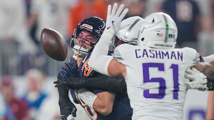 Dec 16, 2024; Minneapolis, Minnesota, USA; Chicago Bears quarterback Caleb Williams (18) is sacked by Minnesota Vikings linebacker Jonathan Greenard (58) in the first quarter at U.S. Bank Stadium. Dec 16, 2024; Minneapolis, Minnesota, USA; Chicago Bears quarterback Caleb Williams (18) is sacked by Minnesota Vikings linebacker Jonathan Greenard (58) in the first quarter at U.S. Bank Stadium.
