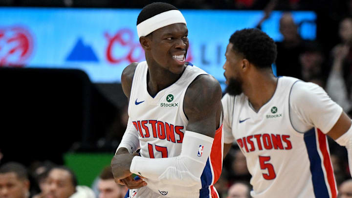 Detroit Pistons guard Dennis Schroder (17) reacts and clutches his wrist after a shooting attempt against the Toronto Raptors in the second half at Scotiabank Arena.
