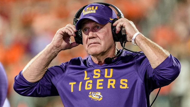 Louisiana State University Head Coach Brian Kelly during the fourth quarter at Memorial Stadium in Clemson, S.C. Saturday, August 30, 2025.