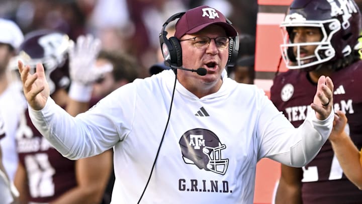 Texas A&M Aggies head coach Mike Elko reacts during the third quarter against the Auburn Tigers at Kyle Field.