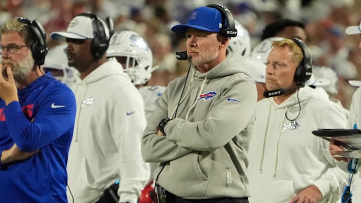 Oct 5, 2025; Orchard Park, New York, USA; Buffalo Bills head coach Sean McDermott looks on from the sidelines during the first half against the New England Patriots at Highmark Stadium