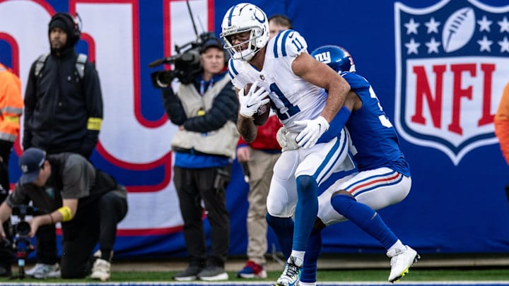 Jan 1, 2023; East Rutherford, New Jersey, USA; Indianapolis Colts wide receiver Michael Pittman Jr. (11) catches a pass against the New York Giants during the second half at MetLife Stadium. Mandatory Credit: John Jones-Imagn Images Jan 1, 2023; East Rutherford, New Jersey, USA; Indianapolis Colts wide receiver Michael Pittman Jr. (11) catches a pass against the New York Giants during the second half at MetLife Stadium. Mandatory Credit: John Jones-Imagn Images