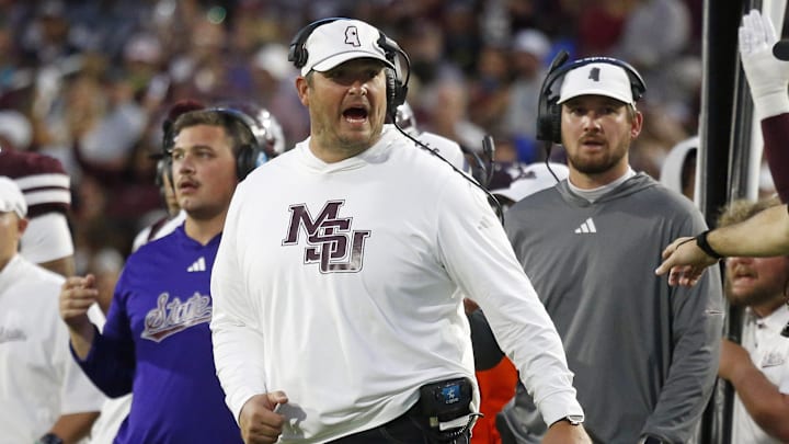 Mississippi State Bulldogs head coach Jeff Lebby reacts toward an official during the fourth quarter against the Texas Longhorns at Davis Wade Stadium at Scott Field.