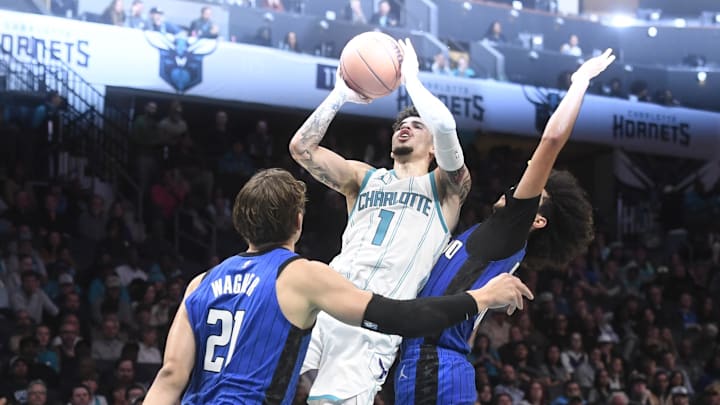 Nov 25, 2024; Charlotte, North Carolina, USA; Charlotte Hornets guard LaMelo Ball (1) shoots during the second half against the Orlando Magic at the Spectrum Center. Mandatory Credit: Sam Sharpe-Imagn Images Nov 25, 2024; Charlotte, North Carolina, USA; Charlotte Hornets guard LaMelo Ball (1) shoots during the second half against the Orlando Magic at the Spectrum Center. Mandatory Credit: Sam Sharpe-Imagn Images