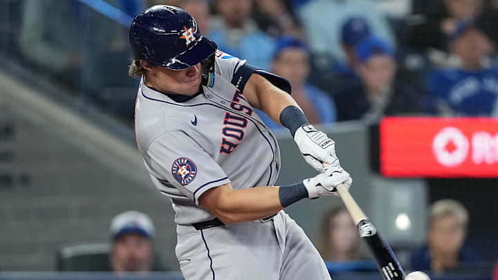 Sep 9, 2025; Toronto, Ontario, CAN; Houston Astros centre fielder Jake Meyers (6) hits a single against Toronto. Sep 9, 2025; Toronto, Ontario, CAN; Houston Astros centre fielder Jake Meyers (6) hits a single against Toronto.