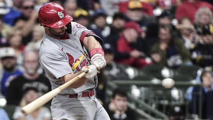 Sep 23, 2021; Milwaukee, Wisconsin, USA; St. Louis Cardinals first baseman Paul Goldschmidt (46) hits a solo home run in the ninth inning against the Milwaukee Brewers at American Family Field. Mandatory Credit: Benny Sieu-Imagn Images Sep 23, 2021; Milwaukee, Wisconsin, USA; St. Louis Cardinals first baseman Paul Goldschmidt (46) hits a solo home run in the ninth inning against the Milwaukee Brewers at American Family Field. Mandatory Credit: Benny Sieu-Imagn Images