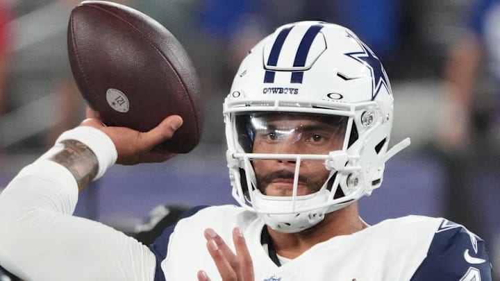 Sep 26, 2024; East Rutherford, New Jersey, USA; Dallas Cowboys quarterback Dak Prescott (4) before the game against the New York Giants at MetLife Stadium. Mandatory Credit: Robert Deutsch-Imagn Images Sep 26, 2024; East Rutherford, New Jersey, USA; Dallas Cowboys quarterback Dak Prescott (4) before the game against the New York Giants at MetLife Stadium. Mandatory Credit: Robert Deutsch-Imagn Images