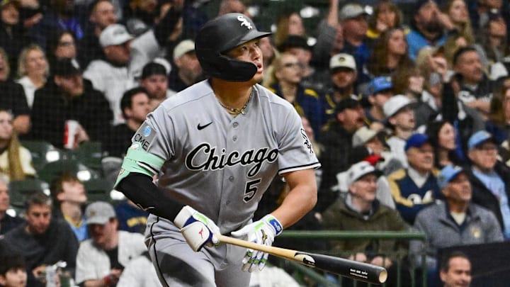 Mar 28, 2026; Milwaukee, Wisconsin, USA; Chicago White Sox first baseman Munetaka Murakami (5) watches after hitting a solo home run against the Milwaukee Brewers in the fourth inning at American Family Field. Mandatory Credit: Benny Sieu-Imagn Images