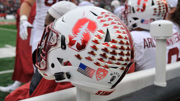 Nov 4, 2017; Pullman, WA, USA; Stanford Cardinal helmet sit on the sideline during a game against the Washington State Cougars at Martin Stadium. The Cougars won 24-21. Mandatory Credit: James Snook-Imagn Images Nov 4, 2017; Pullman, WA, USA; Stanford Cardinal helmet sit on the sideline during a game against the Washington State Cougars at Martin Stadium. The Cougars won 24-21. Mandatory Credit: James Snook-Imagn Images