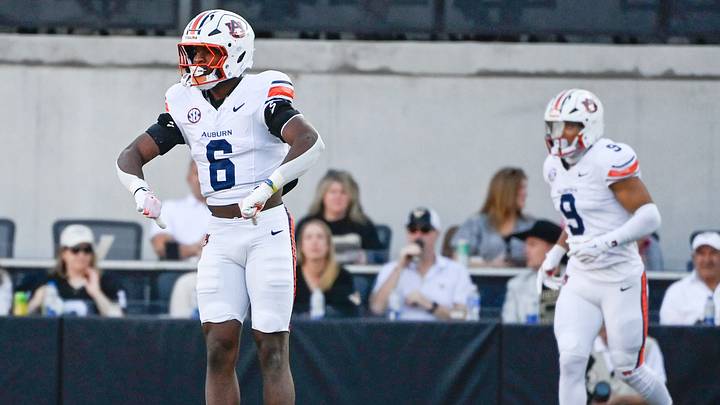 Auburn linebacker Demarcus Riddick (6) celebrates after breaking up a Vanderbilt pass during the first quarter at FirstBank Stadium in Nashville, Tenn., Saturday, Nov. 8, 2025.