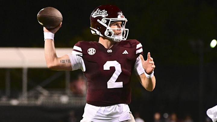 Mississippi State Bulldogs quarterback Blake Shapen (2) makes a pass against the Toledo Rockets during the fourth quarter at Davis Wade Stadium at Scott Field. Mississippi State Bulldogs quarterback Blake Shapen (2) makes a pass against the Toledo Rockets during the fourth quarter at Davis Wade Stadium at Scott Field.