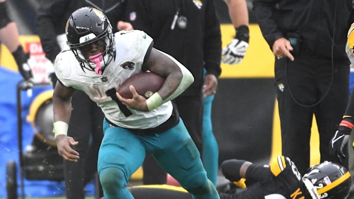 Oct 29, 2023; Pittsburgh, Pennsylvania, USA; Jacksonville Jaguars running back Travis Etienne Jr.