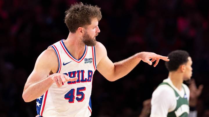 Oct 24, 2026; Philadelphia, Pennsylvania, USA; Philadelphia 76ers forward Dean Wade (45) reacts to his three pointer against the Milwaukee Bucks during the fourth quarter at Xfinity Mobile Arena. Mandatory Credit: Bill Streicher-Imagn Images