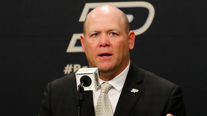 Purdue football head coach Barry Odom addresses the media Tuesday, Dec. 10, 2024, during the welcoming of Odom at Mackey Arena in West Lafayette, Ind.