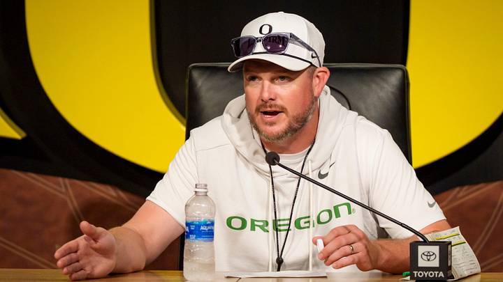 Oregon head coach Dan Lanning speaks during a press conference on Aug. 15, 2026, at the Hatfield-Dowlin Complex in Eugene, Oregon.