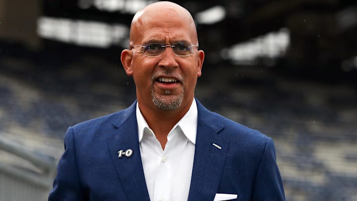 Sep 6, 2025; University Park, Pennsylvania, USA; Penn State Nittany Lions head coach James Franklin walks around the field prior to the game against the Florida International Panthers at Beaver Stadium. Mandatory Credit: Matthew O'Haren-Imagn Images