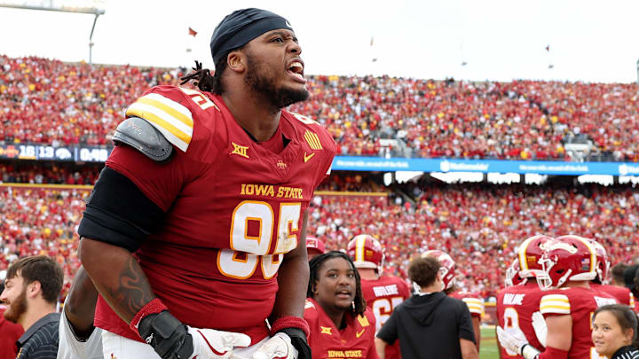Sep 6, 2025; Ames, Iowa, USA; Iowa State Cyclones defensive lineman Domonique Orange (95) reacts late in the second half against the Iowa Hawkeyes at Jack Trice Stadium.