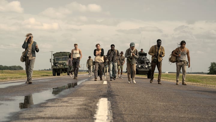 Charlie Plummer as Barkovitch, Garrett Wareing as Stebbins, Cooper Hoffman as Garraty, David Jonsson as McVries, Ben Wang as Olson, Tut Nyuot as Baker, and Joshua Odjick as Parker in The Long Walk. Photo Credit: Murray Close/Lionsgate