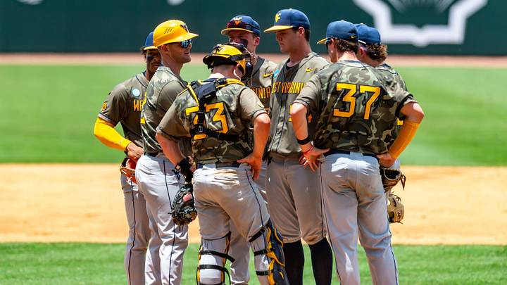 West Virginia Head Coach Steve Sabins visits the mound as The LSU Tigers take on the West Virginia Mountaineers in game 1 of the 2025 NCAA Div 1 Super Regional Baseball Championship at Alex Box Stadium in Baton Rouge, LA. Saturday, June 7, 2025.