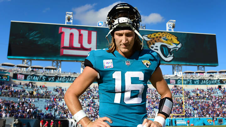 Jacksonville Jaguars quarterback Trevor Lawrence (16) heads off the field after Sunday's loss to the New York Giants. The Jacksonville Jaguars hosted the New York Giants at TIAA Bank Field in Jacksonville, FL Sunday, October 23, 2022. The Jaguars trailed at the half 11 to 13 and lost to the Giants with a final score of 17 to 23. [Bob Self/Florida Times-Union]