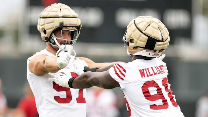 Jul 24, 2025; Santa Clara, CA, USA; San Francisco 49ers defensive ends Nick Bosa (97) and Mykel Williams (98) work on their pass rushing skills during the second day of training camp. Mandatory Credit: D. Ross Cameron-Imagn Images