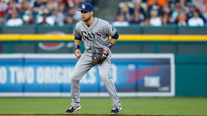 Jul 3, 2014; Detroit, MI, USA; Tampa Bay Rays shortstop Ben Zobrist (18) in the field against the Detroit Tigers at Comerica Park. Jul 3, 2014; Detroit, MI, USA; Tampa Bay Rays shortstop Ben Zobrist (18) in the field against the Detroit Tigers at Comerica Park.