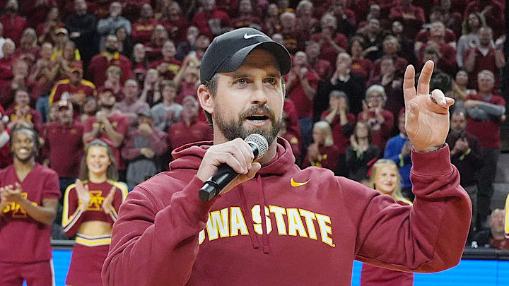 Iowa State football coach Jimmy Rogers speaks during a timeout in the first half in the Iowa State and Iowa men’s basketball Cy-Hawk series at Hilton coliseum on Dec. 11, 2025, in Ames, Iowa.