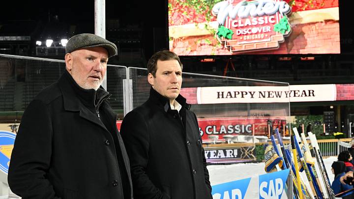 (L-R) General Manager Doug Armstrong of the St. Louis Blues and former St. Louis Blues player Alex Steen attend practice prior to the Discover NHL Winter Classic between the St. Louis Blues and the Chicago Blackhawks at Wrigley Field on December 30, 2024 in Chicago, Illinois. (Photo by Jamie Sabau/NHLI via Getty Images)