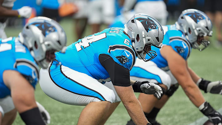 Aug 2, 2025; Charlottle, NC, USA; Carolina Panthers center Cade Mays (64) during Fanfest at Bank of America Stadium. Mandatory Credit: Jim Dedmon-Imagn Images