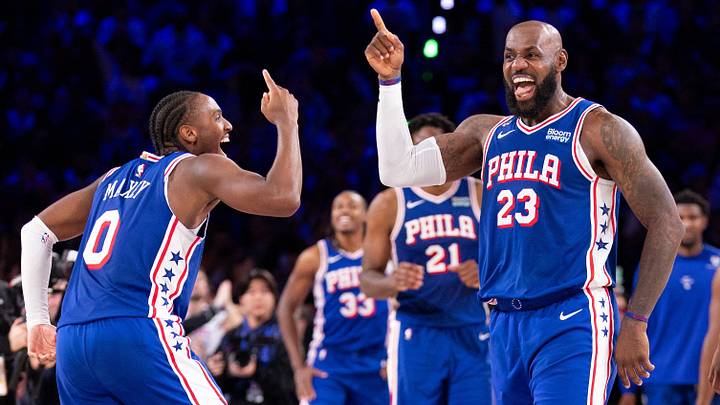 Oct 22, 2026; Philadelphia, Pennsylvania, USA; Philadelphia 76ers forward LeBron James (23) and Tyrese Maxey celebrate after a score against the Cleveland Cavaliers during the fourth quarter at Xfinity Mobile Arena. Mandatory Credit: Bill Streicher-Imagn Images TPX IMAGES OF THE DAY Oct 22, 2026; Philadelphia, Pennsylvania, USA; Philadelphia 76ers forward LeBron James (23) and Tyrese Maxey celebrate after a score against the Cleveland Cavaliers during the fourth quarter at Xfinity Mobile Arena. Mandatory Credit: Bill Streicher-Imagn Images TPX IMAGES OF THE DAY