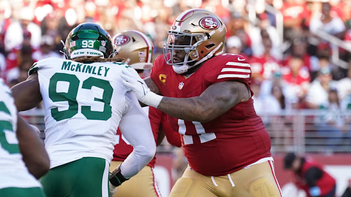 Sep 9, 2024; Santa Clara, California, USA; San Francisco 49ers offensive tackle Trent Williams (71) blocks New York Jets defensive end Takkarist McKinley (93) in the first quarter at Levi's Stadium. Mandatory Credit: David Gonzales-Imagn Images Sep 9, 2024; Santa Clara, California, USA; San Francisco 49ers offensive tackle Trent Williams (71) blocks New York Jets defensive end Takkarist McKinley (93) in the first quarter at Levi's Stadium. Mandatory Credit: David Gonzales-Imagn Images